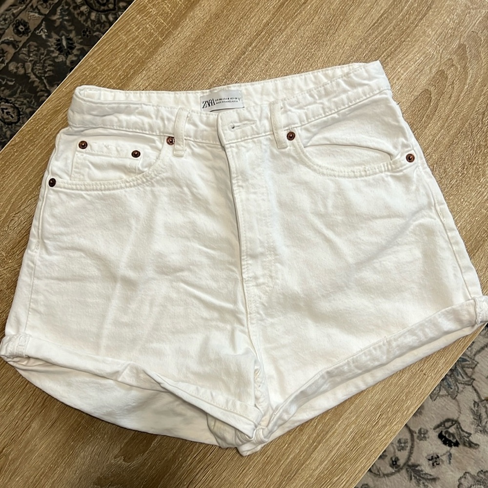 Zara High Rise White Denim Shorts